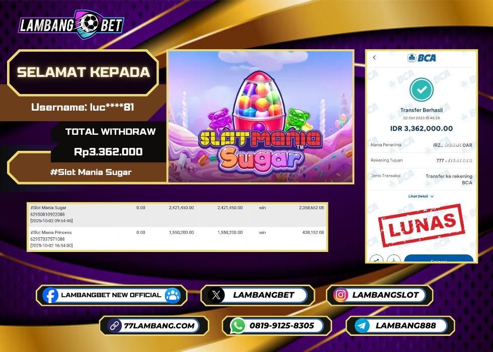 LAMBANGBET [2 OKTOBER 2025] JACKPOT SLOT Slot Mania Sugar "Rp3.362.000" LUNAS